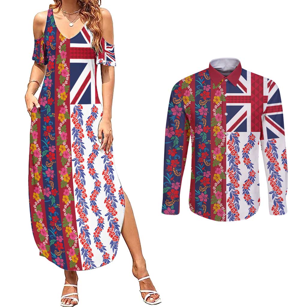 Hawaiian Lei Couples Matching Summer Maxi Dress and Long Sleeve Button Shirt National Flag Striped Style