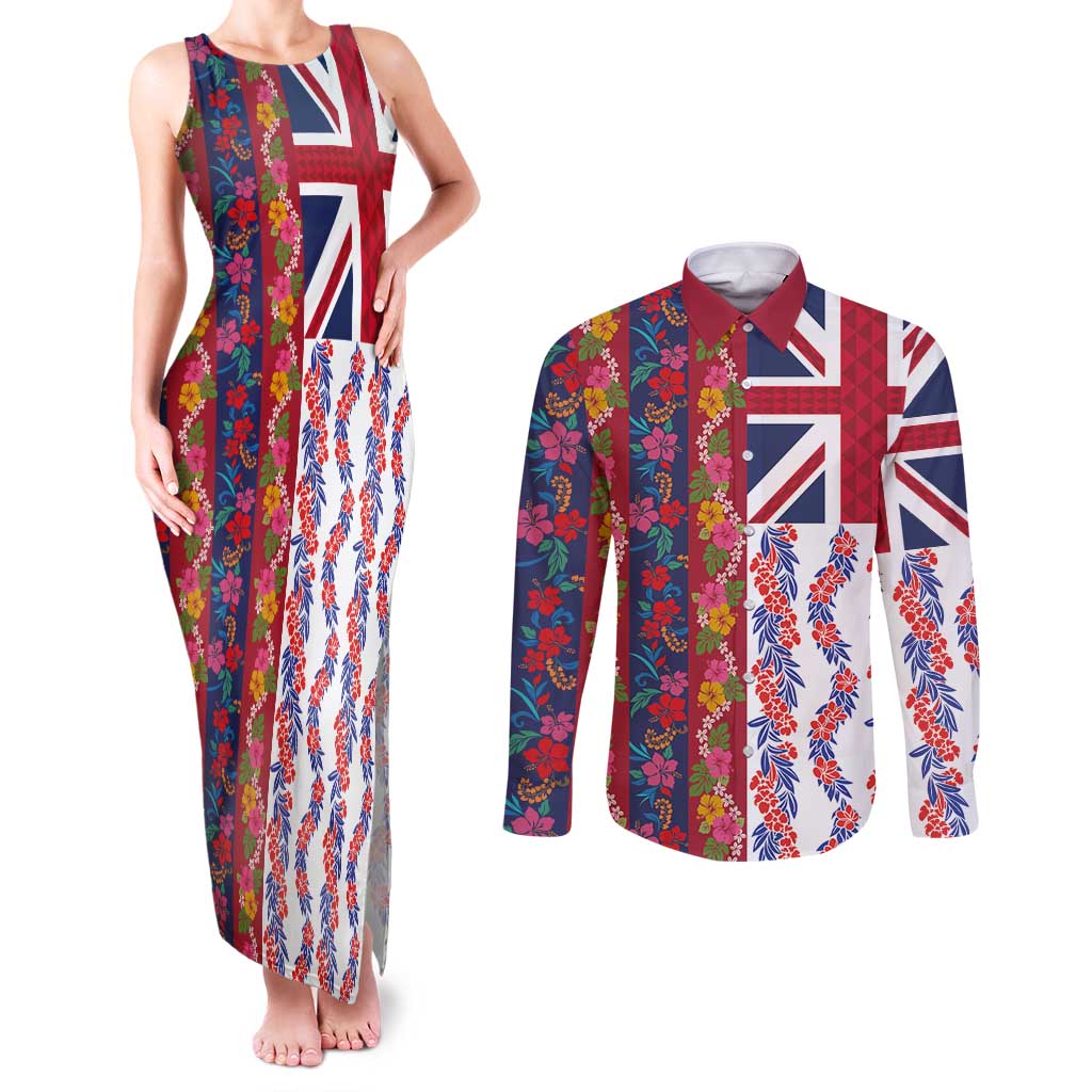 Hawaiian Lei Couples Matching Tank Maxi Dress and Long Sleeve Button Shirt National Flag Striped Style