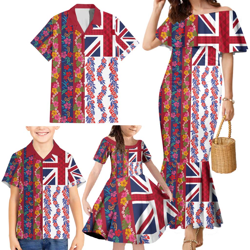 Hawaiian Lei Family Matching Mermaid Dress and Hawaiian Shirt National Flag Striped Style
