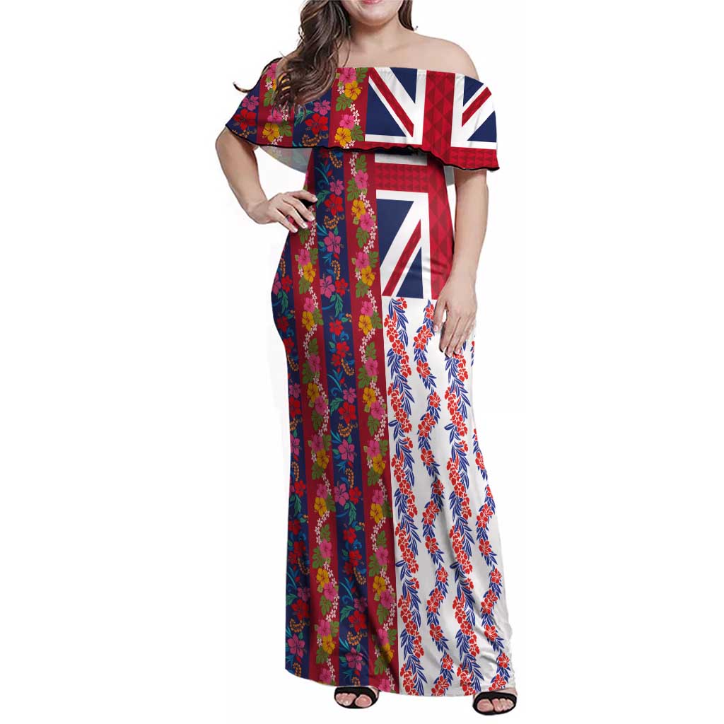 Hawaiian Lei Family Matching Off Shoulder Maxi Dress and Hawaiian Shirt National Flag Striped Style