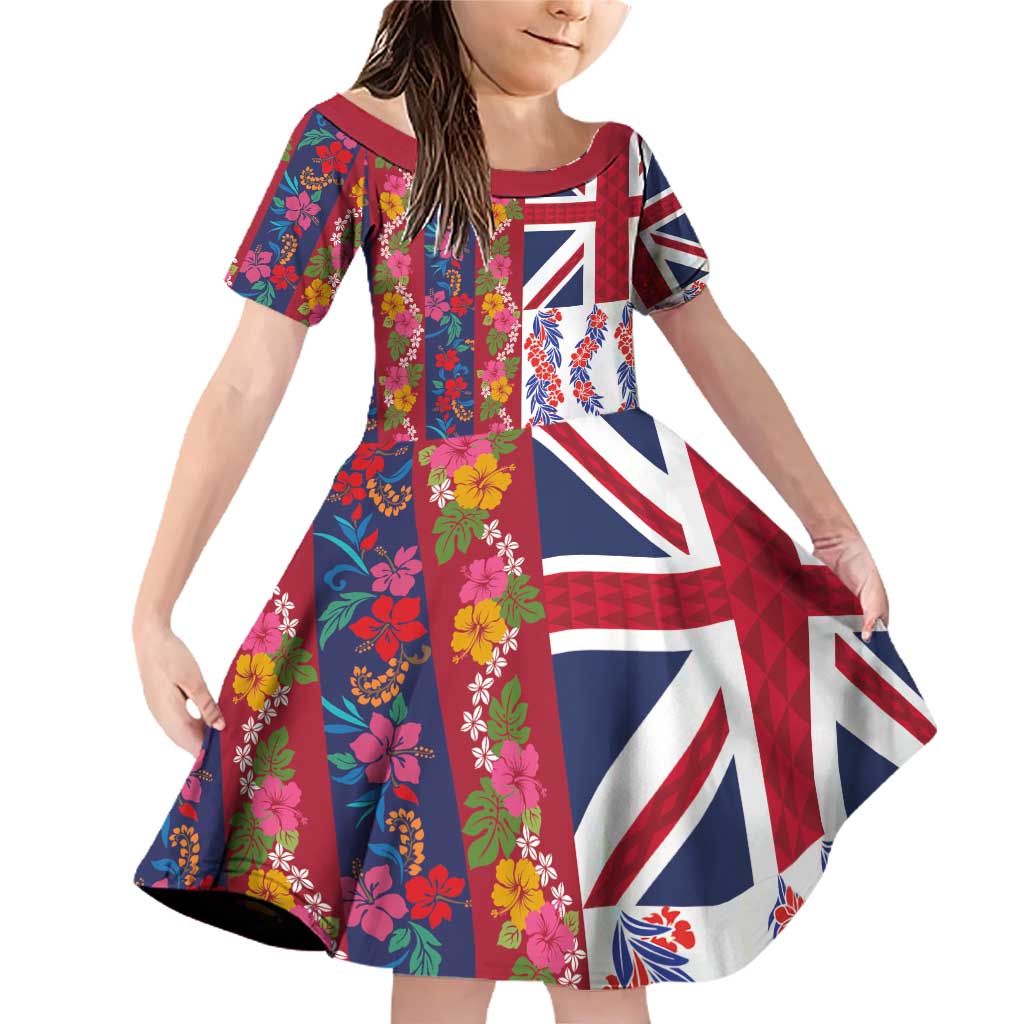 Hawaiian Lei Family Matching Off Shoulder Short Dress and Hawaiian Shirt National Flag Striped Style