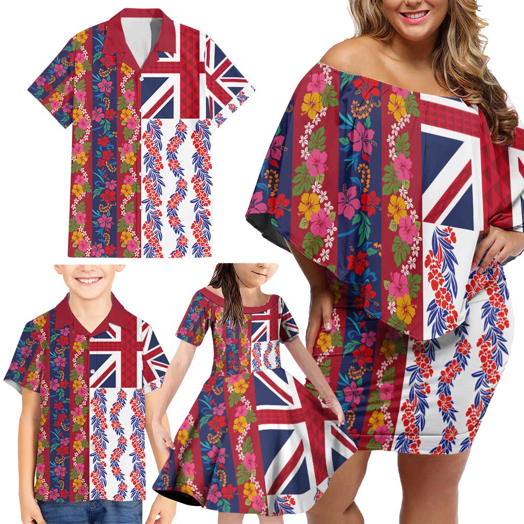 Hawaiian Lei Family Matching Off Shoulder Short Dress and Hawaiian Shirt National Flag Striped Style