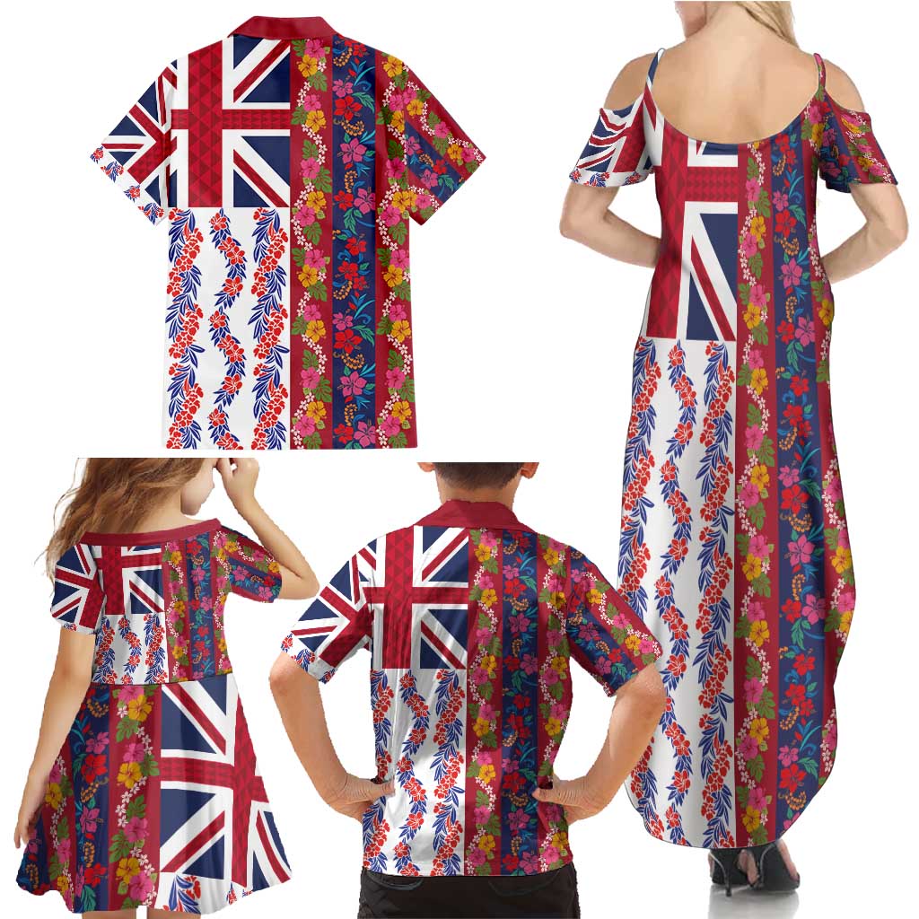 Hawaiian Lei Family Matching Summer Maxi Dress and Hawaiian Shirt National Flag Striped Style