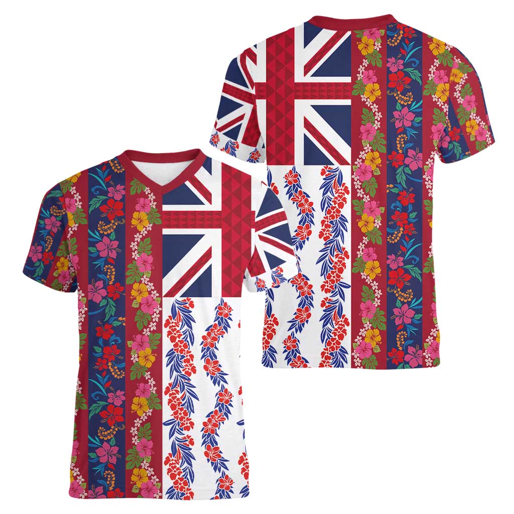 Hawaiian Lei Women V-Neck T-Shirt National Flag Striped Style