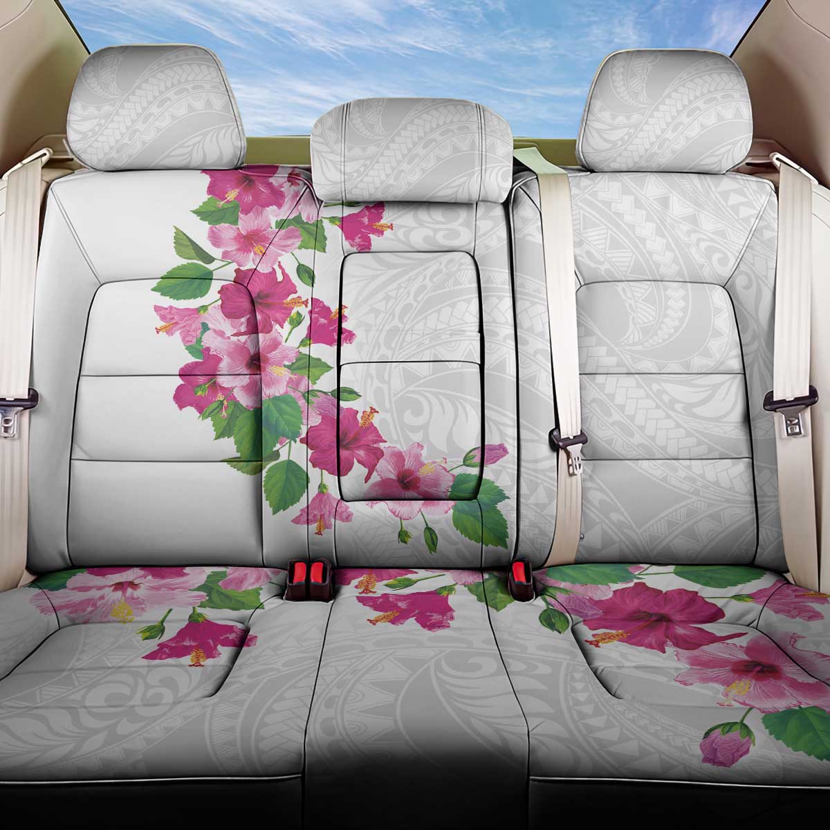 Hawaiian Hibiscus and Art Polynesian Tattoo Back Car Seat Cover White Color