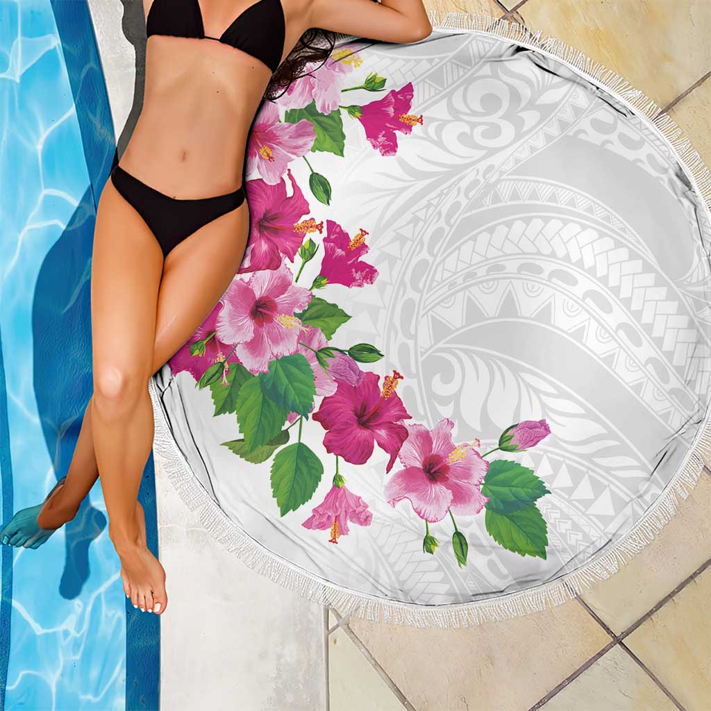 Hawaiian Hibiscus and Art Polynesian Tattoo Beach Blanket White Color