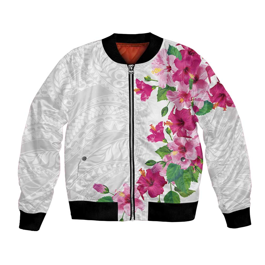 Hawaiian Hibiscus and Art Polynesian Tattoo Bomber Jacket White Color LT03 Unisex White - Polynesian Pride