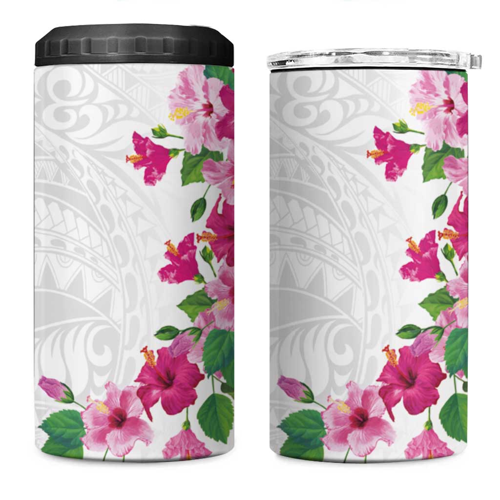 Hawaiian Hibiscus and Art Polynesian Tattoo 4 in 1 Can Cooler Tumbler White Color