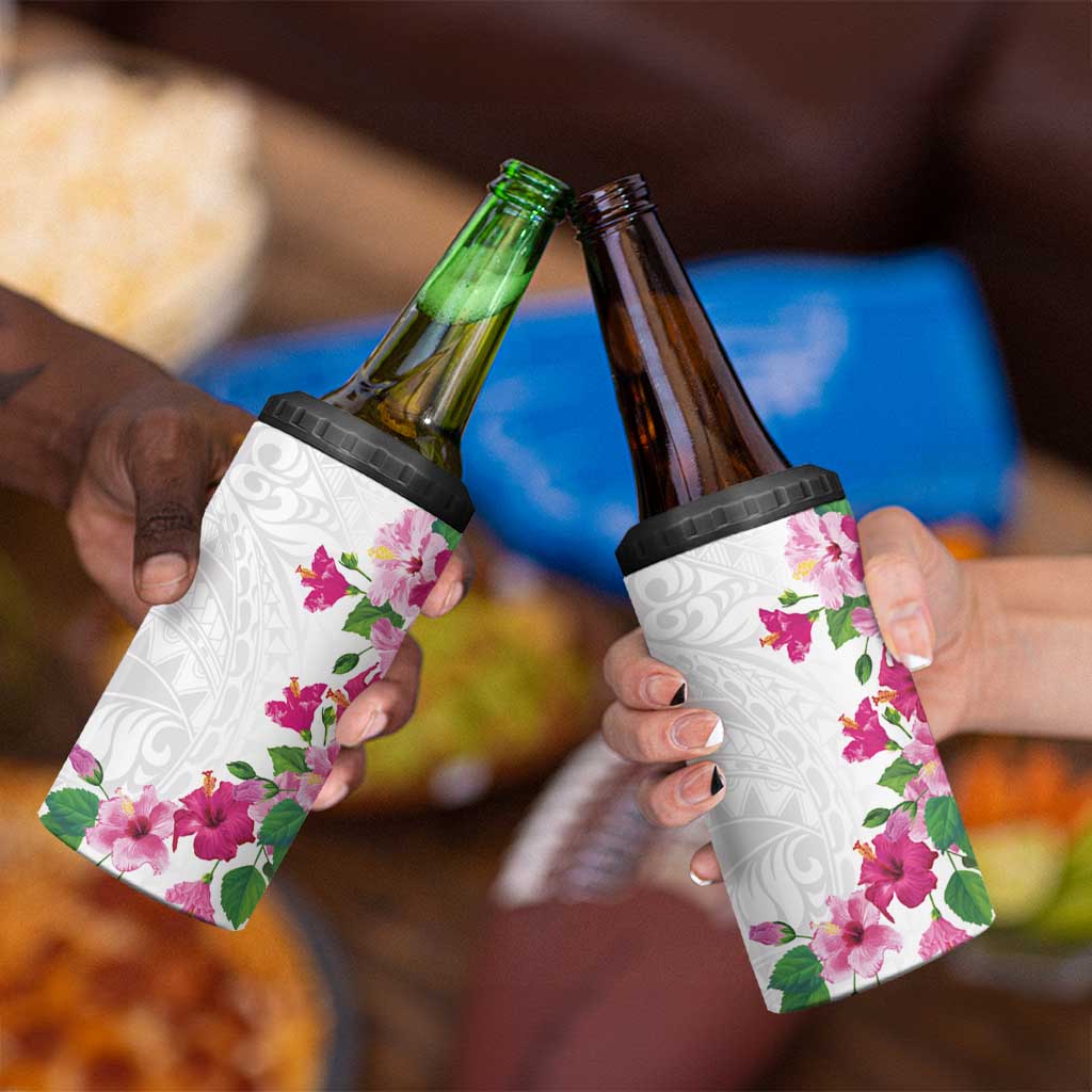 Hawaiian Hibiscus and Art Polynesian Tattoo 4 in 1 Can Cooler Tumbler White Color