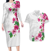 Hawaiian Hibiscus and Art Polynesian Tattoo Couples Matching Long Sleeve Bodycon Dress and Hawaiian Shirt White Color