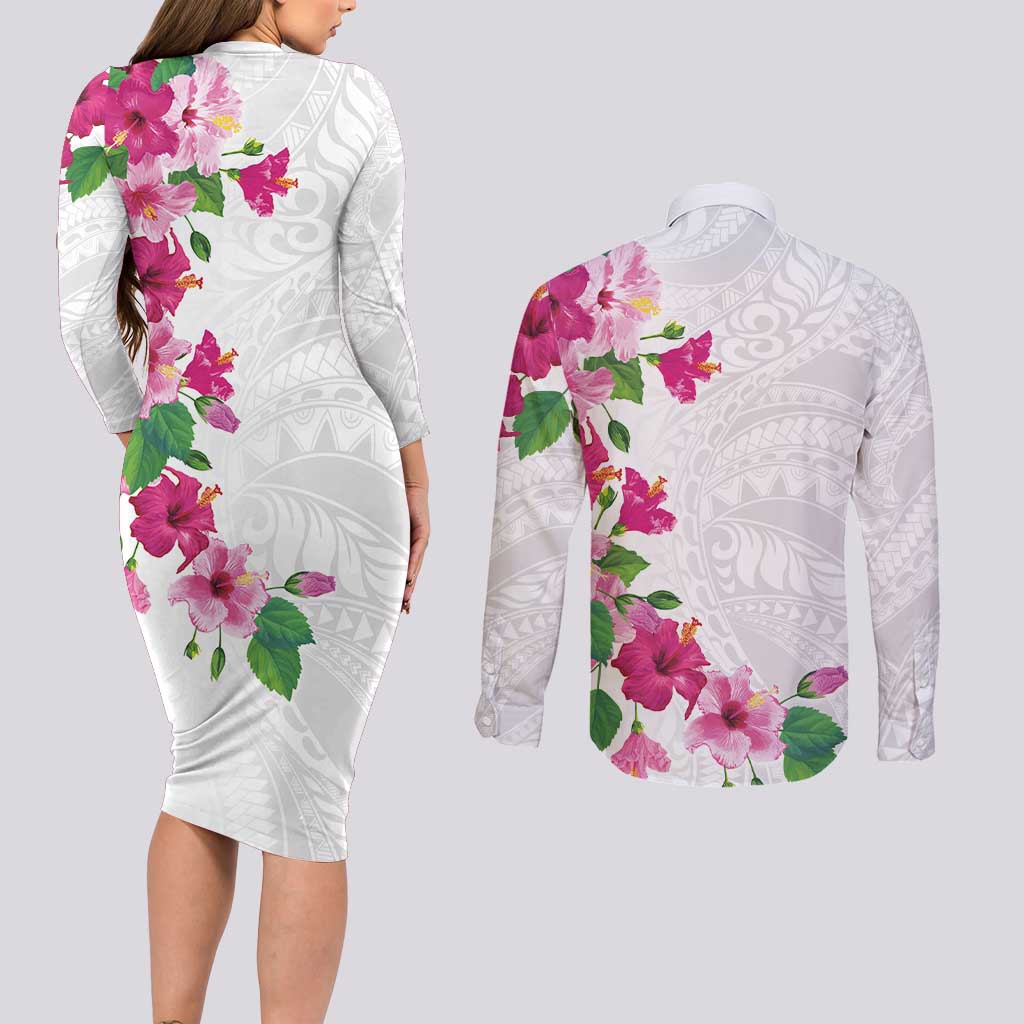 Hawaiian Hibiscus and Art Polynesian Tattoo Couples Matching Long Sleeve Bodycon Dress and Long Sleeve Button Shirt White Color