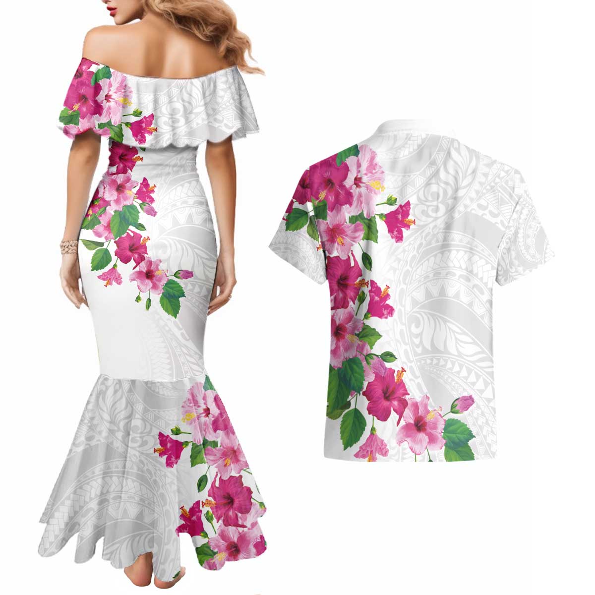 Hawaiian Hibiscus and Art Polynesian Tattoo Couples Matching Mermaid Dress and Hawaiian Shirt White Color