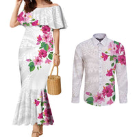 Hawaiian Hibiscus and Art Polynesian Tattoo Couples Matching Mermaid Dress and Long Sleeve Button Shirt White Color
