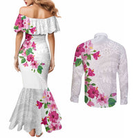 Hawaiian Hibiscus and Art Polynesian Tattoo Couples Matching Mermaid Dress and Long Sleeve Button Shirt White Color