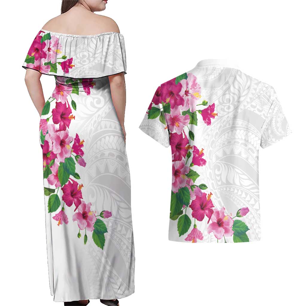 Hawaiian Hibiscus and Art Polynesian Tattoo Couples Matching Off Shoulder Maxi Dress and Hawaiian Shirt White Color