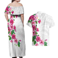 Hawaiian Hibiscus and Art Polynesian Tattoo Couples Matching Off Shoulder Maxi Dress and Hawaiian Shirt White Color
