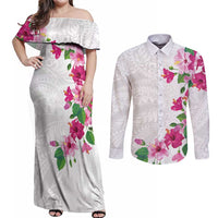 Hawaiian Hibiscus and Art Polynesian Tattoo Couples Matching Off Shoulder Maxi Dress and Long Sleeve Button Shirt White Color