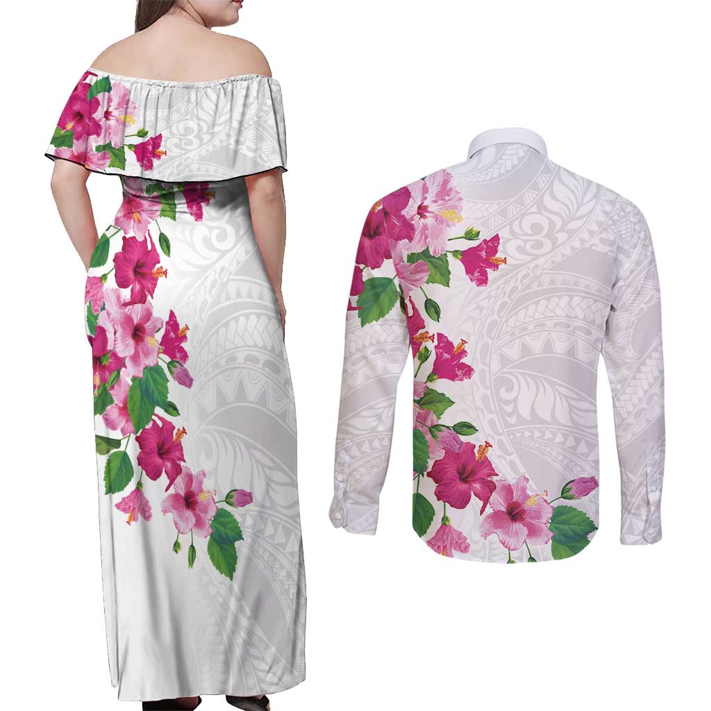 Hawaiian Hibiscus and Art Polynesian Tattoo Couples Matching Off Shoulder Maxi Dress and Long Sleeve Button Shirt White Color