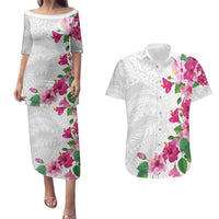Hawaiian Hibiscus and Art Polynesian Tattoo Couples Matching Puletasi and Hawaiian Shirt White Color LT03 White - Polynesian Pride