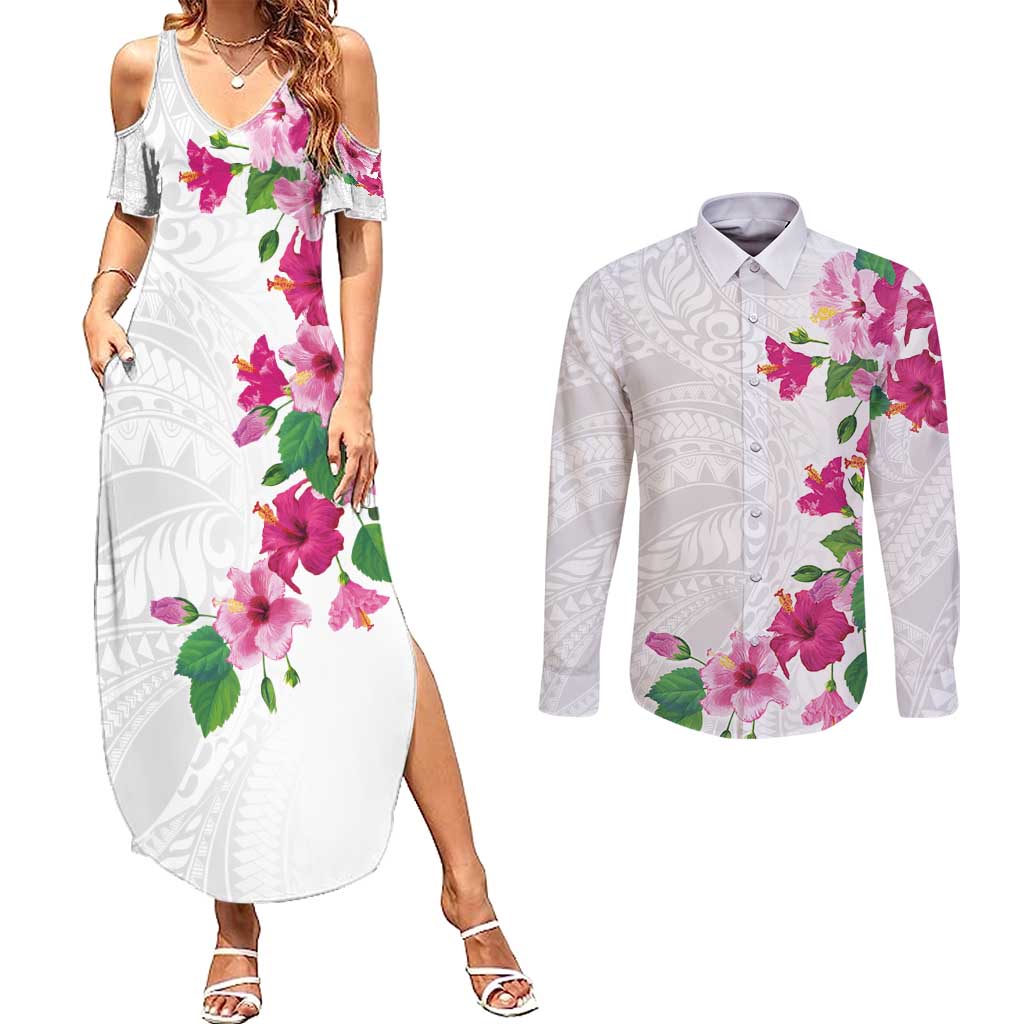 Hawaiian Hibiscus and Art Polynesian Tattoo Couples Matching Summer Maxi Dress and Long Sleeve Button Shirt White Color