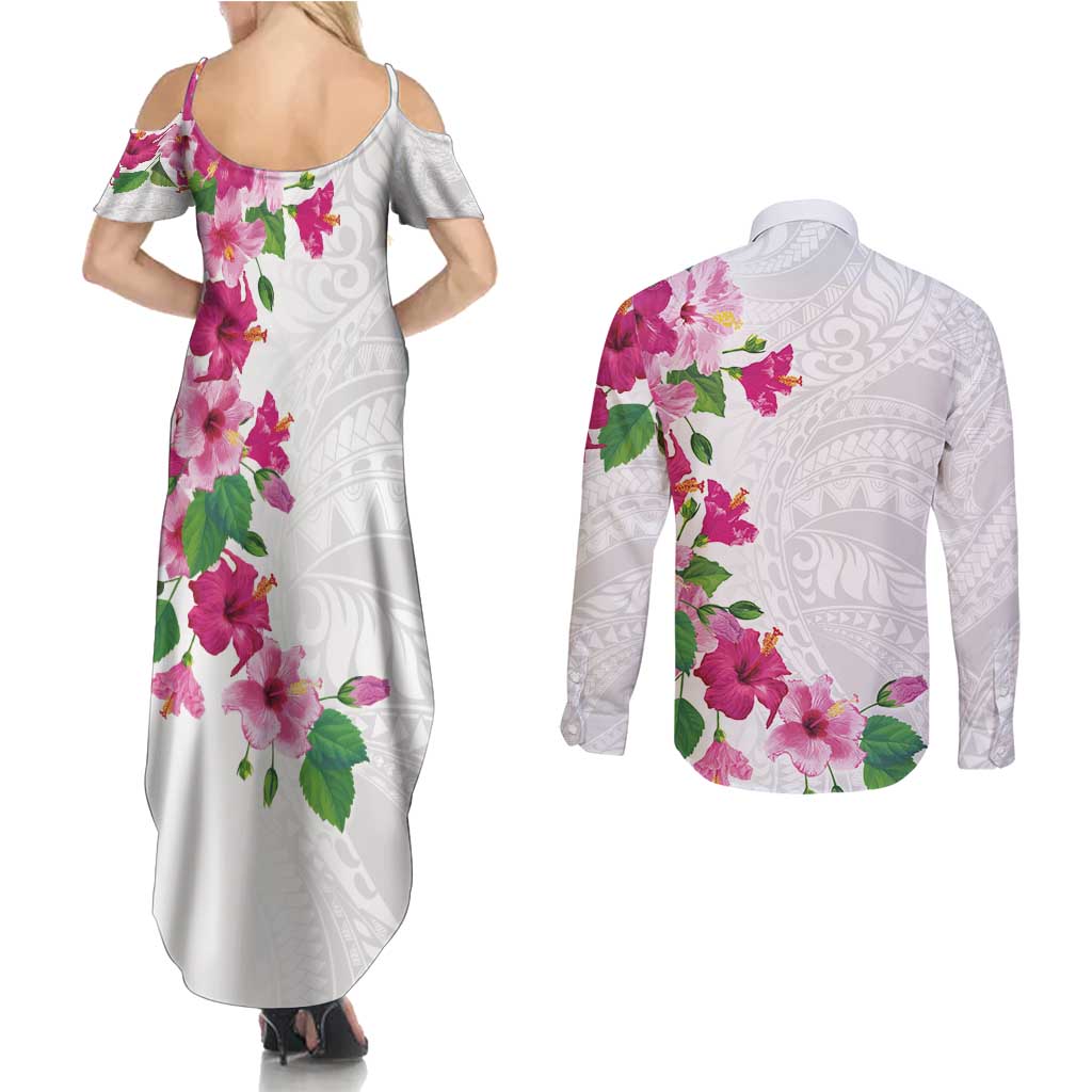Hawaiian Hibiscus and Art Polynesian Tattoo Couples Matching Summer Maxi Dress and Long Sleeve Button Shirt White Color