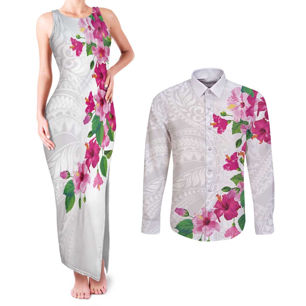 Hawaiian Hibiscus and Art Polynesian Tattoo Couples Matching Tank Maxi Dress and Long Sleeve Button Shirt White Color