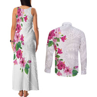 Hawaiian Hibiscus and Art Polynesian Tattoo Couples Matching Tank Maxi Dress and Long Sleeve Button Shirt White Color
