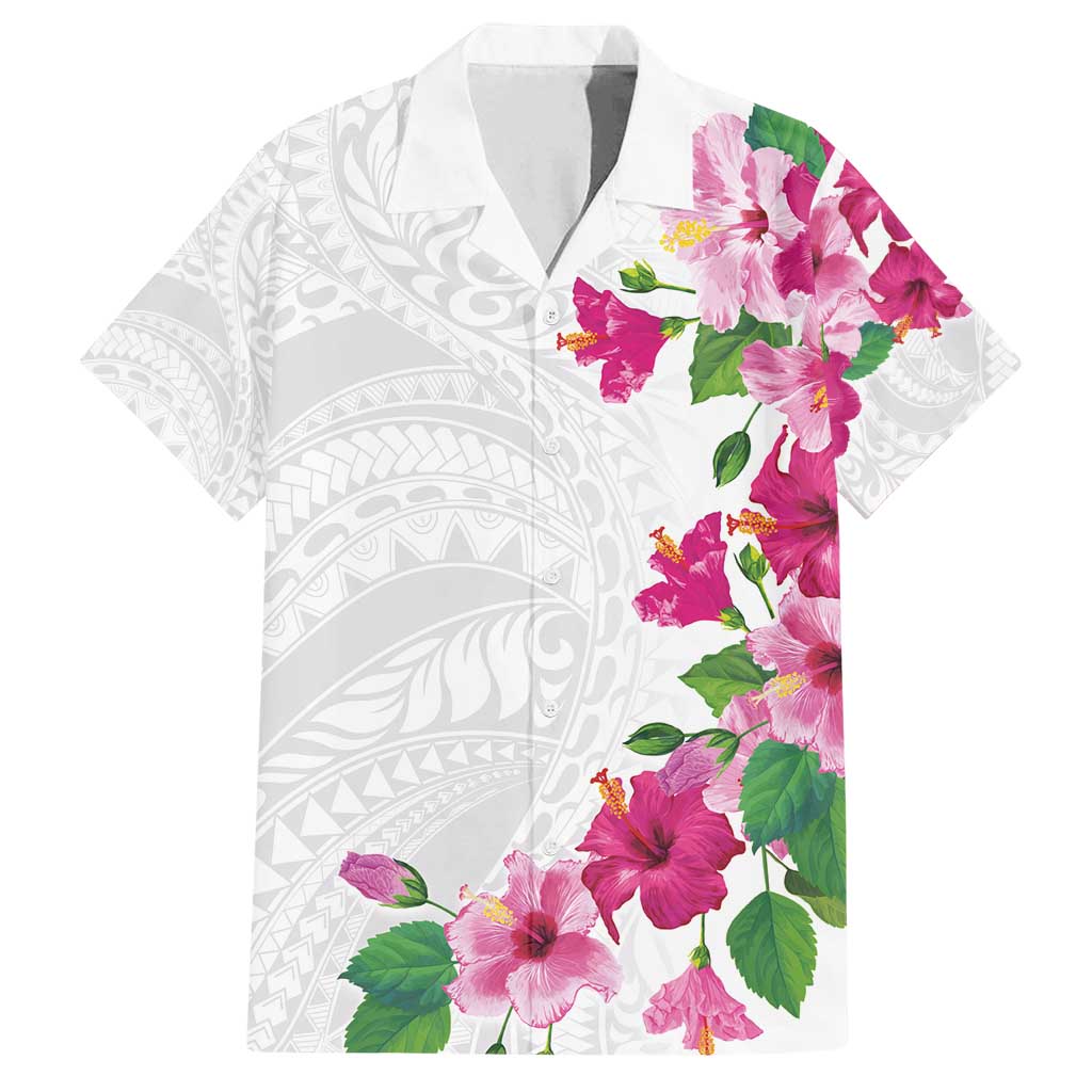 Hawaiian Hibiscus and Art Polynesian Tattoo Family Matching Long Sleeve Bodycon Dress and Hawaiian Shirt White Color
