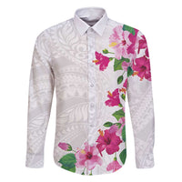 Hawaiian Hibiscus and Art Polynesian Tattoo Family Matching Long Sleeve Bodycon Dress and Hawaiian Shirt White Color