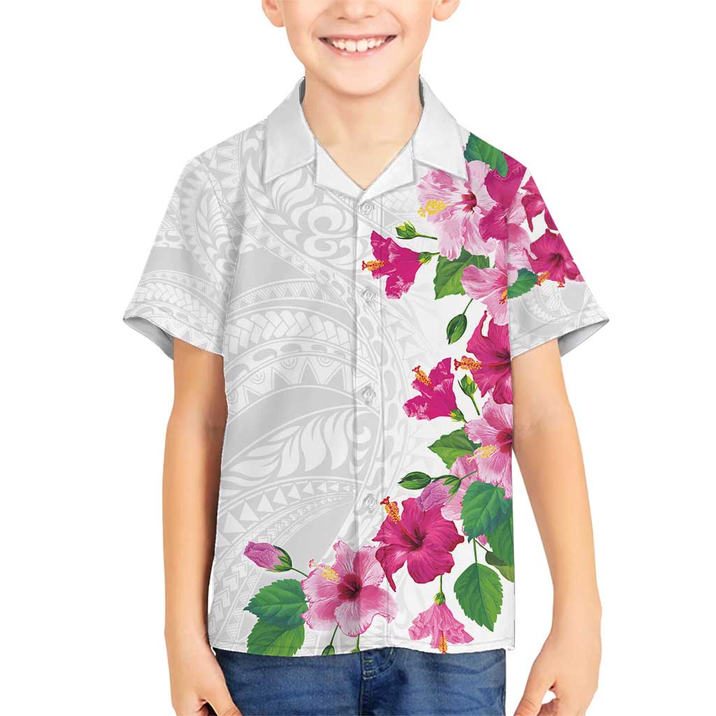 Hawaiian Hibiscus and Art Polynesian Tattoo Family Matching Long Sleeve Bodycon Dress and Hawaiian Shirt White Color