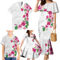 Hawaiian Hibiscus and Art Polynesian Tattoo Family Matching Mermaid Dress and Hawaiian Shirt White Color