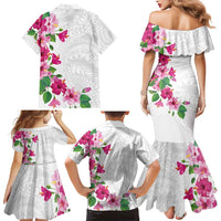 Hawaiian Hibiscus and Art Polynesian Tattoo Family Matching Mermaid Dress and Hawaiian Shirt White Color