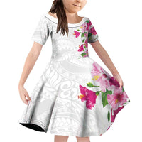 Hawaiian Hibiscus and Art Polynesian Tattoo Family Matching Off Shoulder Short Dress and Hawaiian Shirt White Color