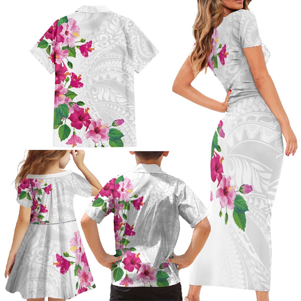 Hawaiian Hibiscus and Art Polynesian Tattoo Family Matching Short Sleeve Bodycon Dress and Hawaiian Shirt White Color