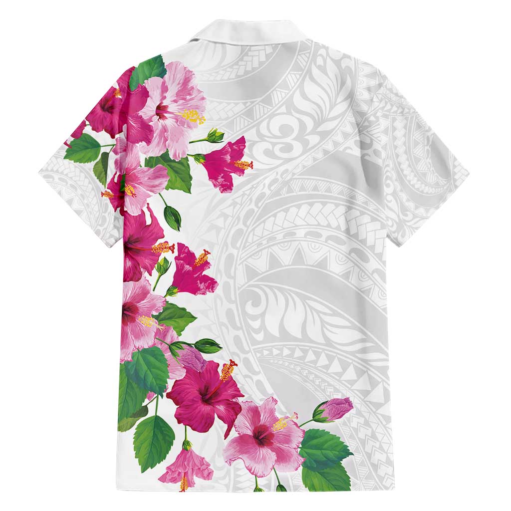 Hawaiian Hibiscus and Art Polynesian Tattoo Family Matching Short Sleeve Bodycon Dress and Hawaiian Shirt White Color