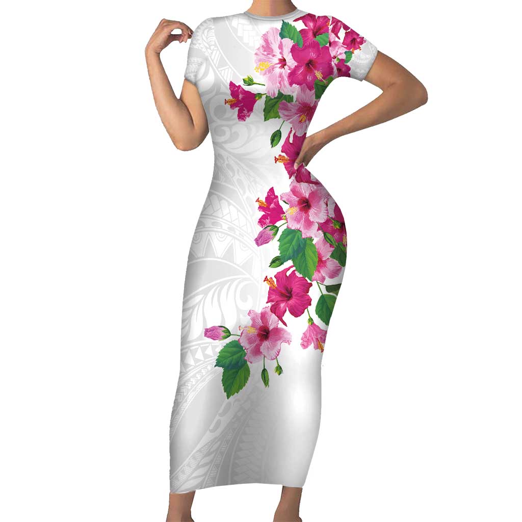 Hawaiian Hibiscus and Art Polynesian Tattoo Family Matching Short Sleeve Bodycon Dress and Hawaiian Shirt White Color