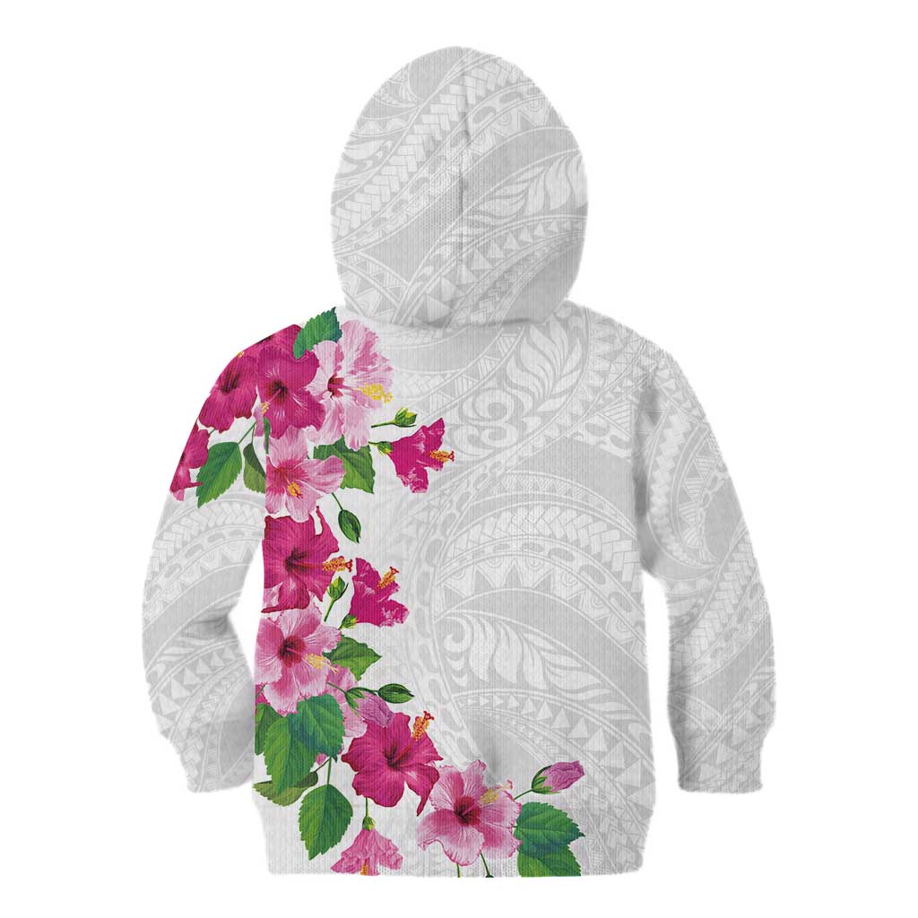 Hawaiian Hibiscus and Art Polynesian Tattoo Kid Hoodie White Color