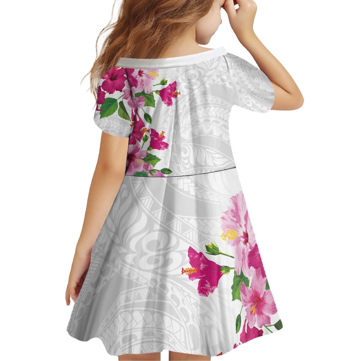 Hawaiian Hibiscus and Art Polynesian Tattoo Kid Short Sleeve Dress White Color
