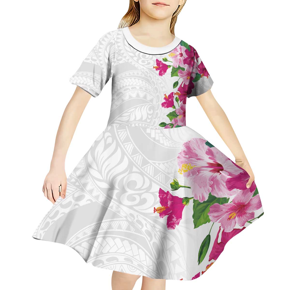 Hawaiian Hibiscus and Art Polynesian Tattoo Kid Short Sleeve Dress White Color