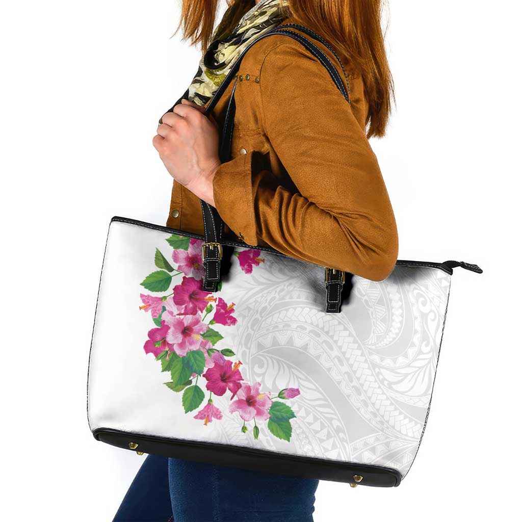 Hawaiian Hibiscus and Art Polynesian Tattoo Leather Tote Bag White Color LT03 White - Polynesian Pride