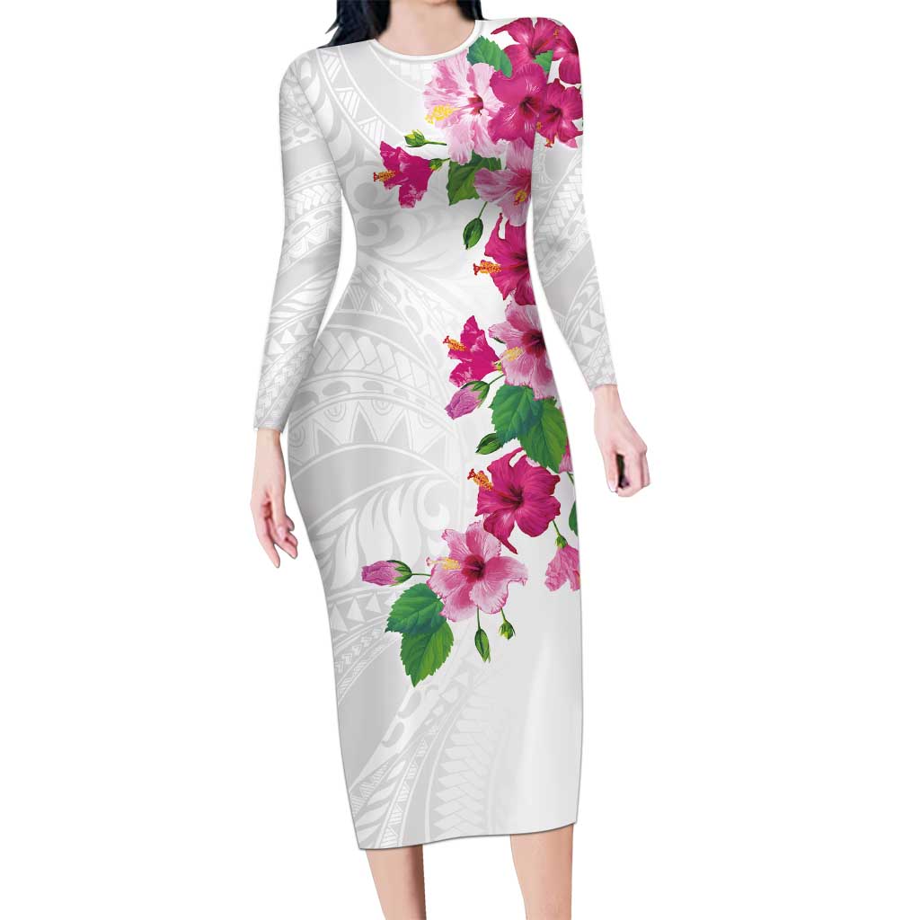 Hawaiian Hibiscus and Art Polynesian Tattoo Long Sleeve Bodycon Dress White Color