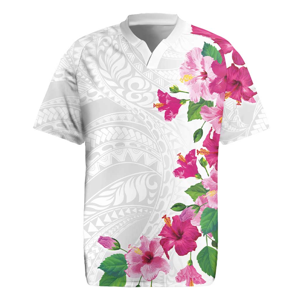 Hawaiian Hibiscus and Art Polynesian Tattoo Rugby Jersey White Color LT03 White - Polynesian Pride