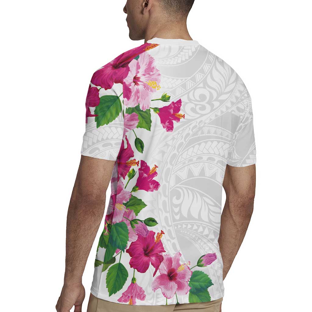 Hawaiian Hibiscus and Art Polynesian Tattoo Rugby Jersey White Color LT03 - Polynesian Pride