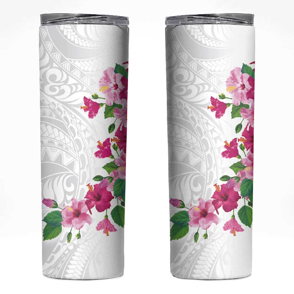 Hawaiian Hibiscus and Art Polynesian Tattoo Skinny Tumbler White Color