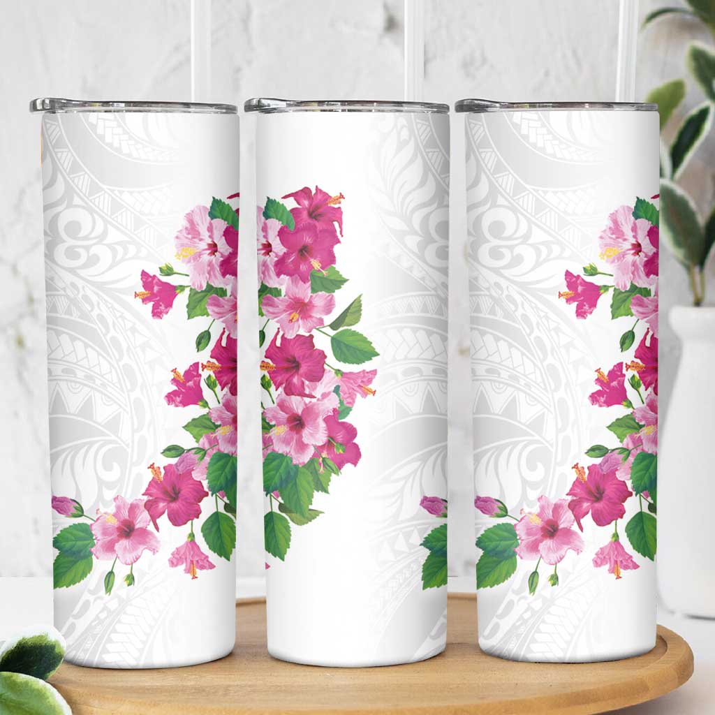 Hawaiian Hibiscus and Art Polynesian Tattoo Skinny Tumbler White Color