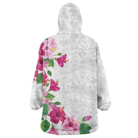 Hawaiian Hibiscus and Art Polynesian Tattoo Wearable Blanket Hoodie White Color