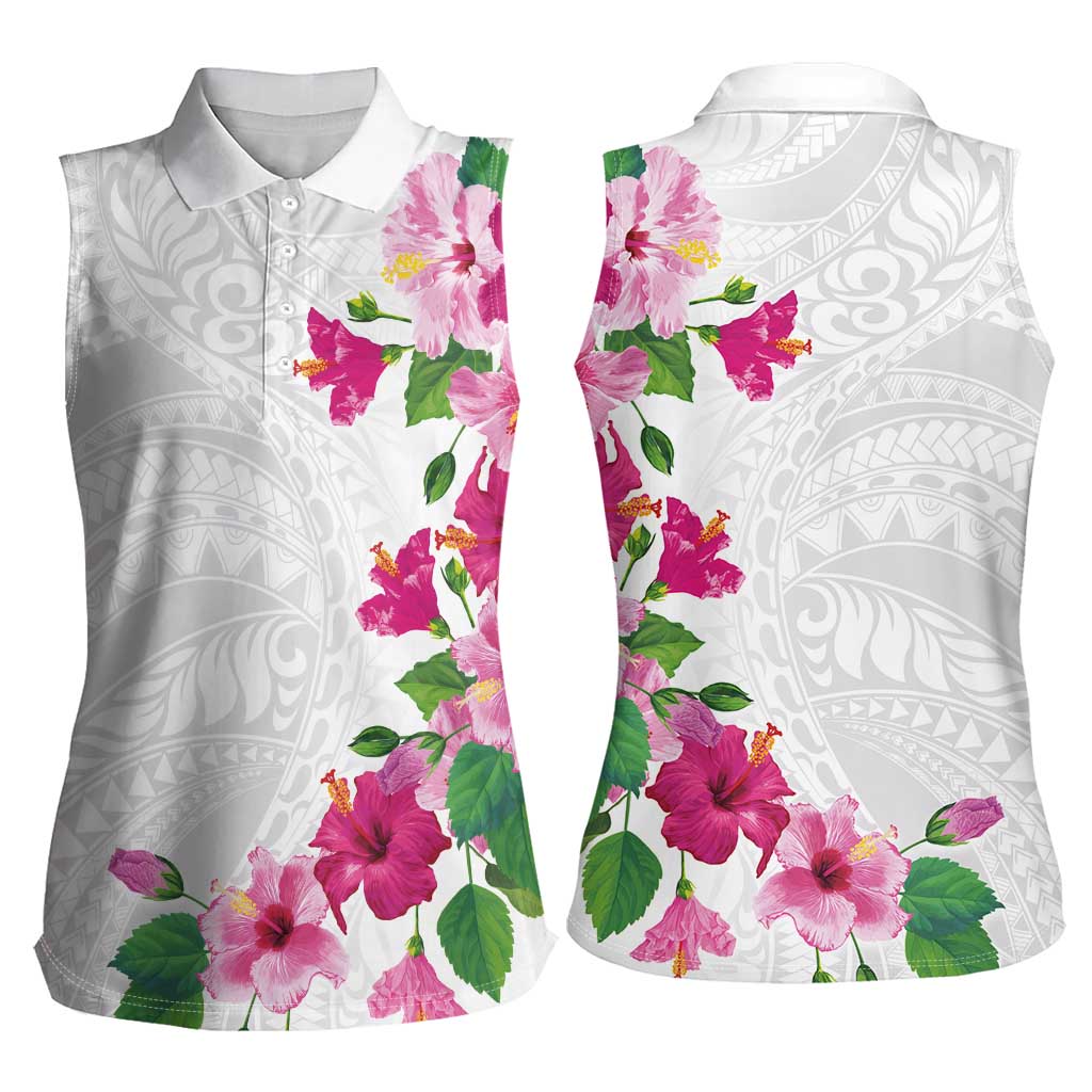 Hawaiian Hibiscus and Art Polynesian Tattoo Women Sleeveless Polo Shirt White Color LT03 - Polynesian Pride