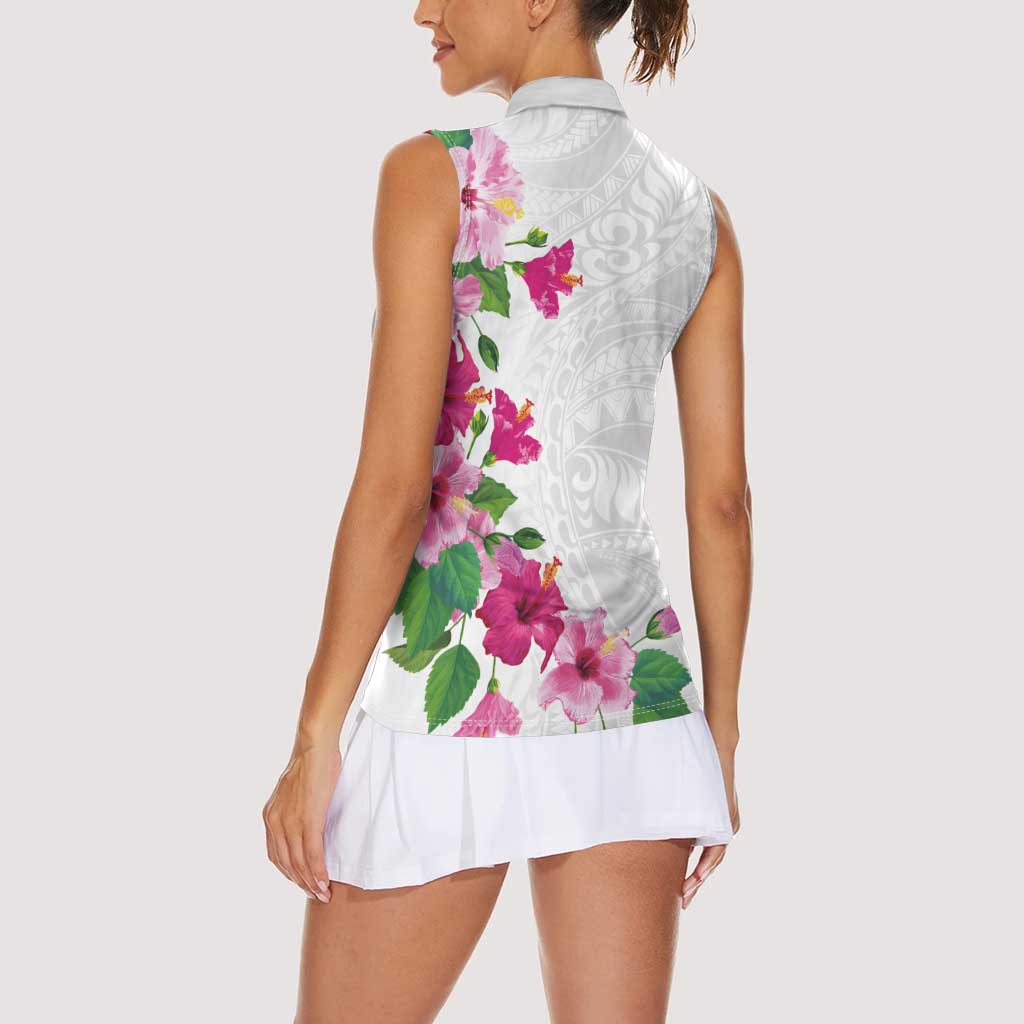 Hawaiian Hibiscus and Art Polynesian Tattoo Women Sleeveless Polo Shirt White Color LT03 - Polynesian Pride