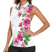 Hawaiian Hibiscus and Art Polynesian Tattoo Women Sleeveless Polo Shirt White Color LT03 - Polynesian Pride