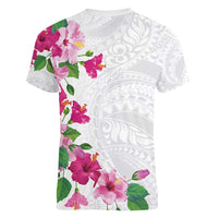 Hawaiian Hibiscus and Art Polynesian Tattoo Women V-Neck T-Shirt White Color LT03 - Polynesian Pride